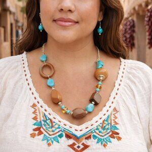 NWT- Boho Turquoise & Wood Statement Necklace + Matching Earrings Set